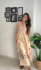Cream & Pink Floral Print Pure Cotton Anarkali Kurta with Palazzos-AHKUPZ-COMBO-525-FF