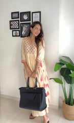 Cream & Pink Floral Print Pure Cotton Anarkali Kurta with Palazzos-AHKUPZ-COMBO-525-FF