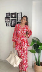 Red Printed Pure Cotton Tunic With Palazzos-AHTUPZ-COMBO-716