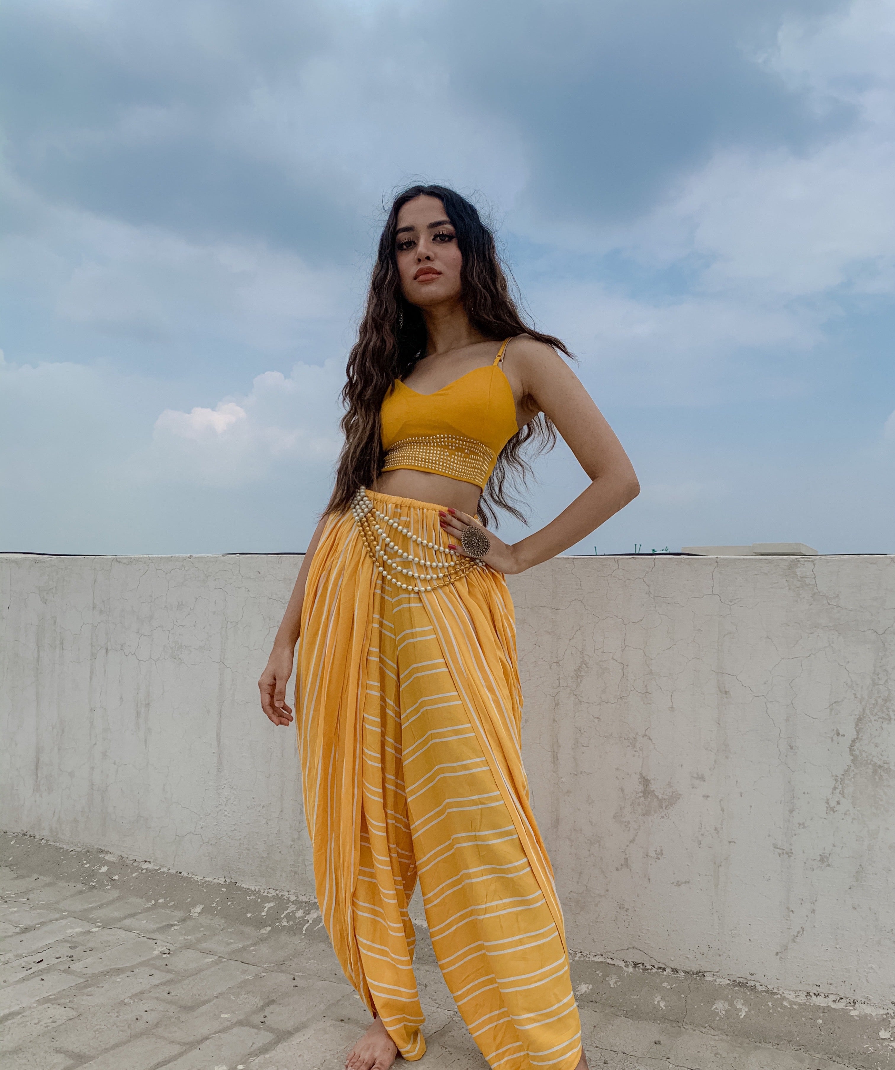 Mustard Striped Dhoti Pants - Designer Dhoti Suits for Women