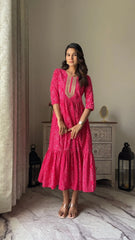 Bandhani Printed Sequined Tiered A-Line Pure Cotton Ethnic Dress-AHEDMLKH-234