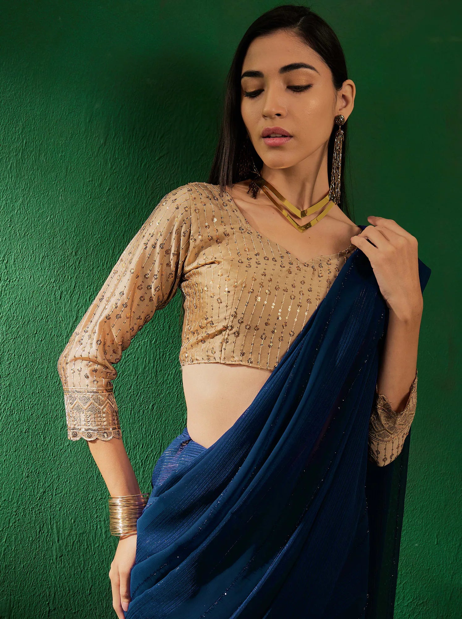 Teal Embellished Saree: Designer Sarees India