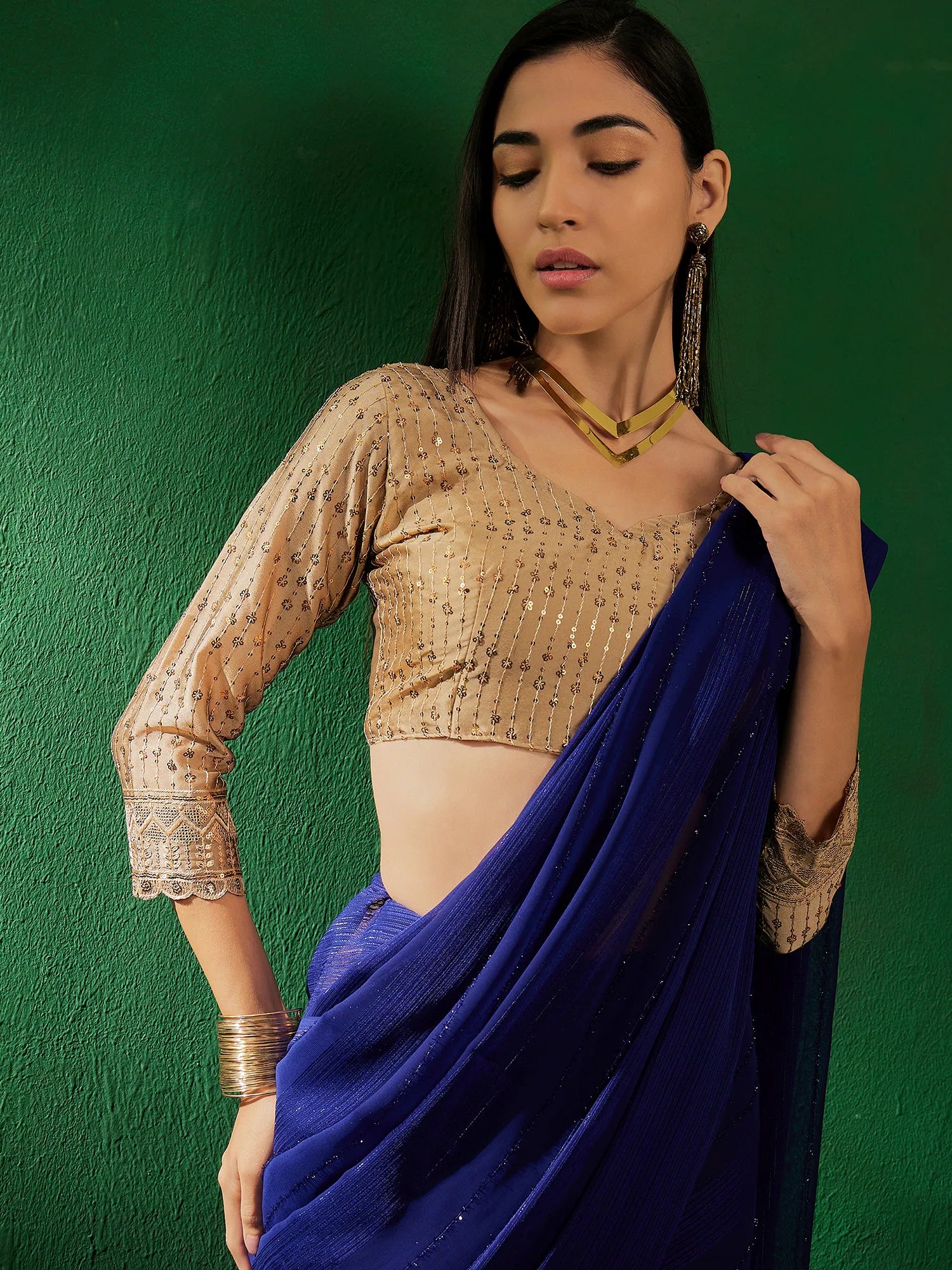 Blue Embellished Polyester Saree | Indian Sarees