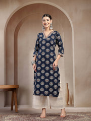 Stylum Women's Indigo Block Printed Cotton Straight Kurta (INDIGODONUT)
