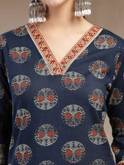 Stylum Women's Indigo Block Printed Cotton Straight Kurta (INDIGODONUT)