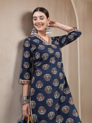 Stylum Women's Indigo Block Printed Cotton Straight Kurta (INDIGODONUT)