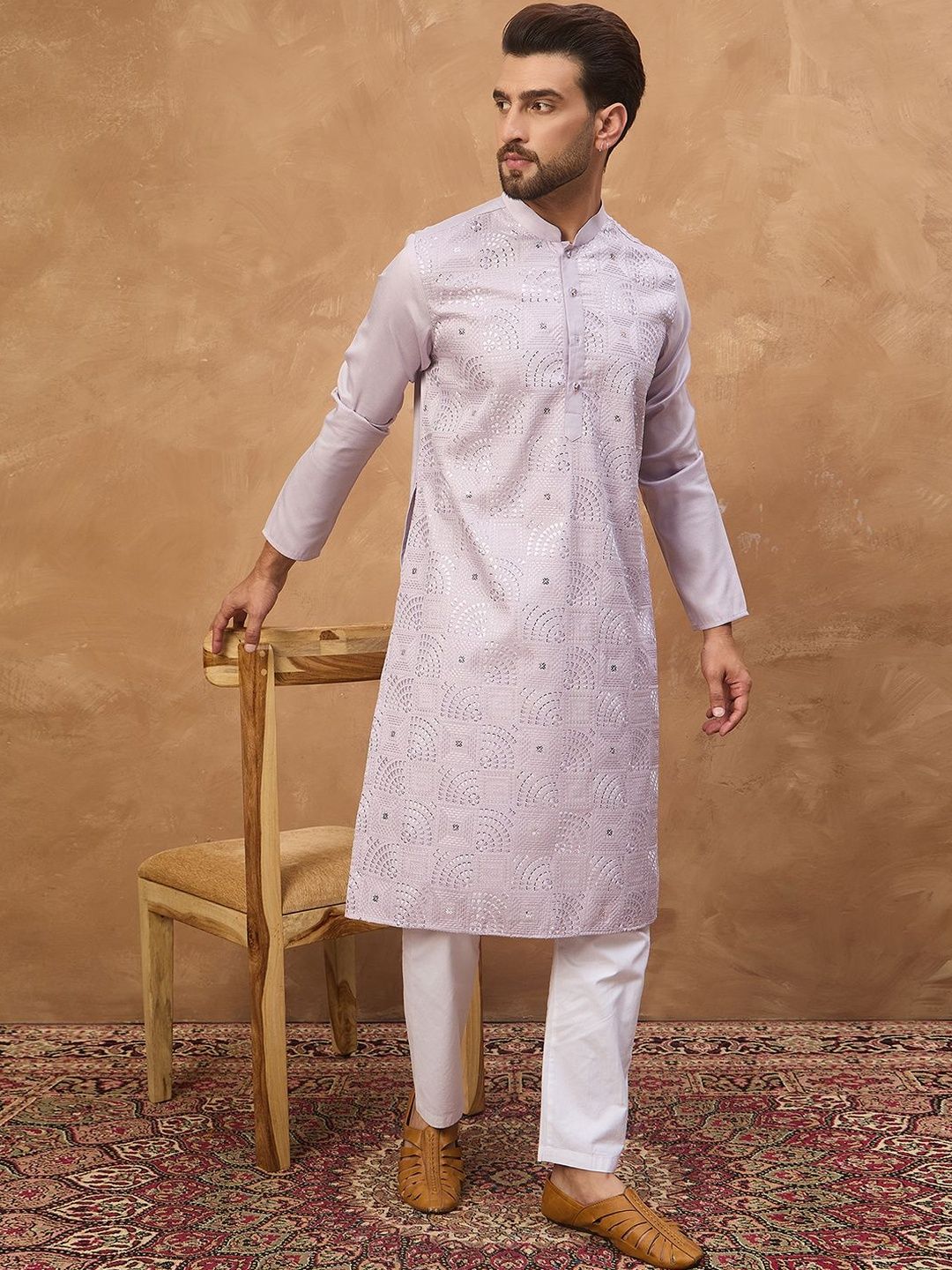 Ethnic Bay Men Lavender Silk Blend Solid Embroidered Straight Kurta With Pant Set-MKSET1443