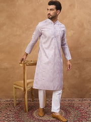 Ethnic Bay Men Lavender Silk Blend Solid Embroidered Straight Kurta With Pant Set-MKSET1443