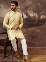 Ethnic Bay Men Yellow Silk Blend Solid Embroidered Straight Kurta With Pant Set-MKSET1383