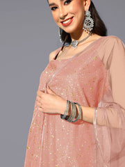 Abstract Printed Square Neck Net Kurti With Sharara & Dupatta
