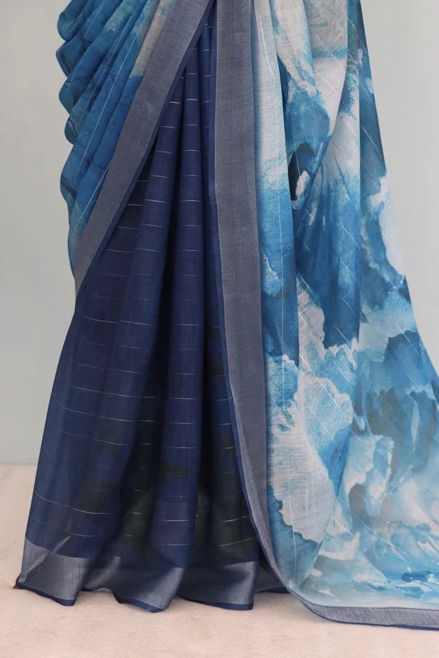 Linen Digital Print Blue Saree With Unstiched Blouse Piece