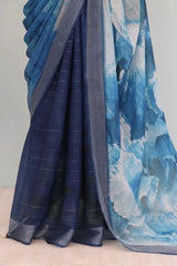 Linen Digital Print Blue Saree With Unstiched Blouse Piece-MPHL-44-BLUE