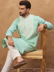 Ethnic Bay Men Blue Silk Blend Solid Embroidered Straight Kurta With Pant Set-MKSET1511