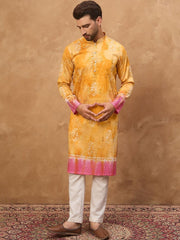 Ethnic Bay Men Yellow Silk Blend Batik Embroidered Straight Kurta With Pant Set-MKSET1513