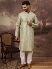 Ethnic Bay Men Green Silk Blend Solid Embroidered Straight Kurta With Pant Set-MKSET1363