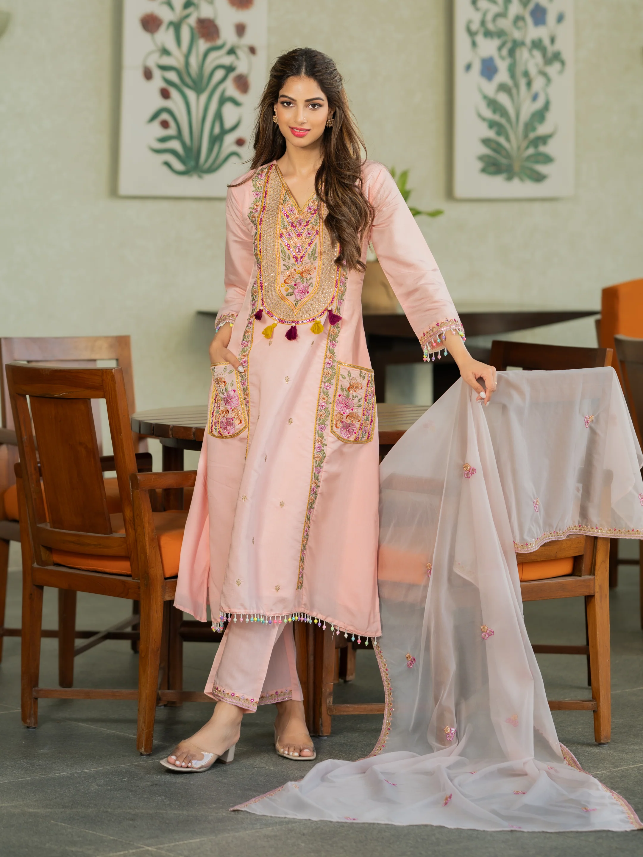 Chanderi Kurta Set for Women - Peach | MLWSHKS8896PCH | DesiQlo