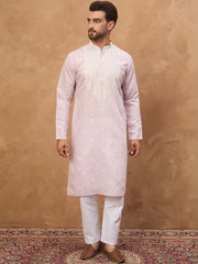 Ethnic Bay Men Lavender Silk Blend Solid Embroidered Straight Kurta With Pant Set-MKSET1448