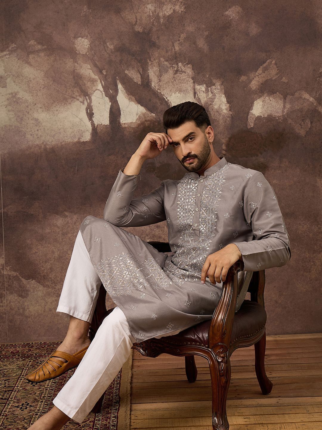 Ethnic Bay Men Grey Silk Blend Solid Embroidered Straight Kurta With Pant Set-MKSET1420
