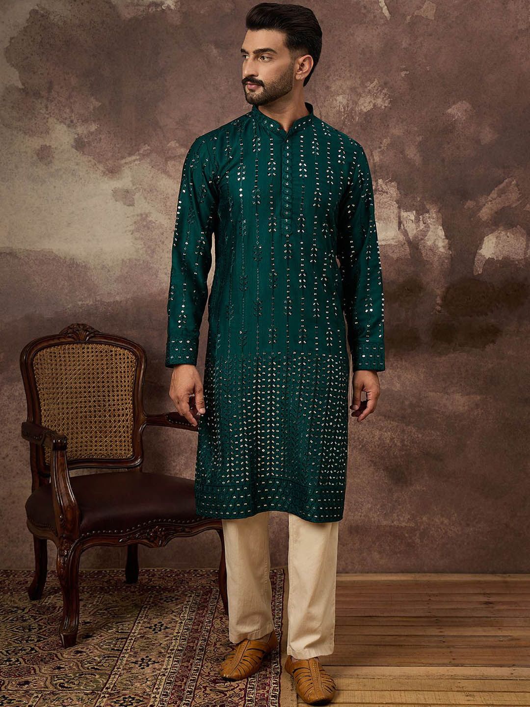 Ethnic Bay Men Teal Silk Blend Solid Embroidered Straight Kurta With Pant Set-MKSET1357