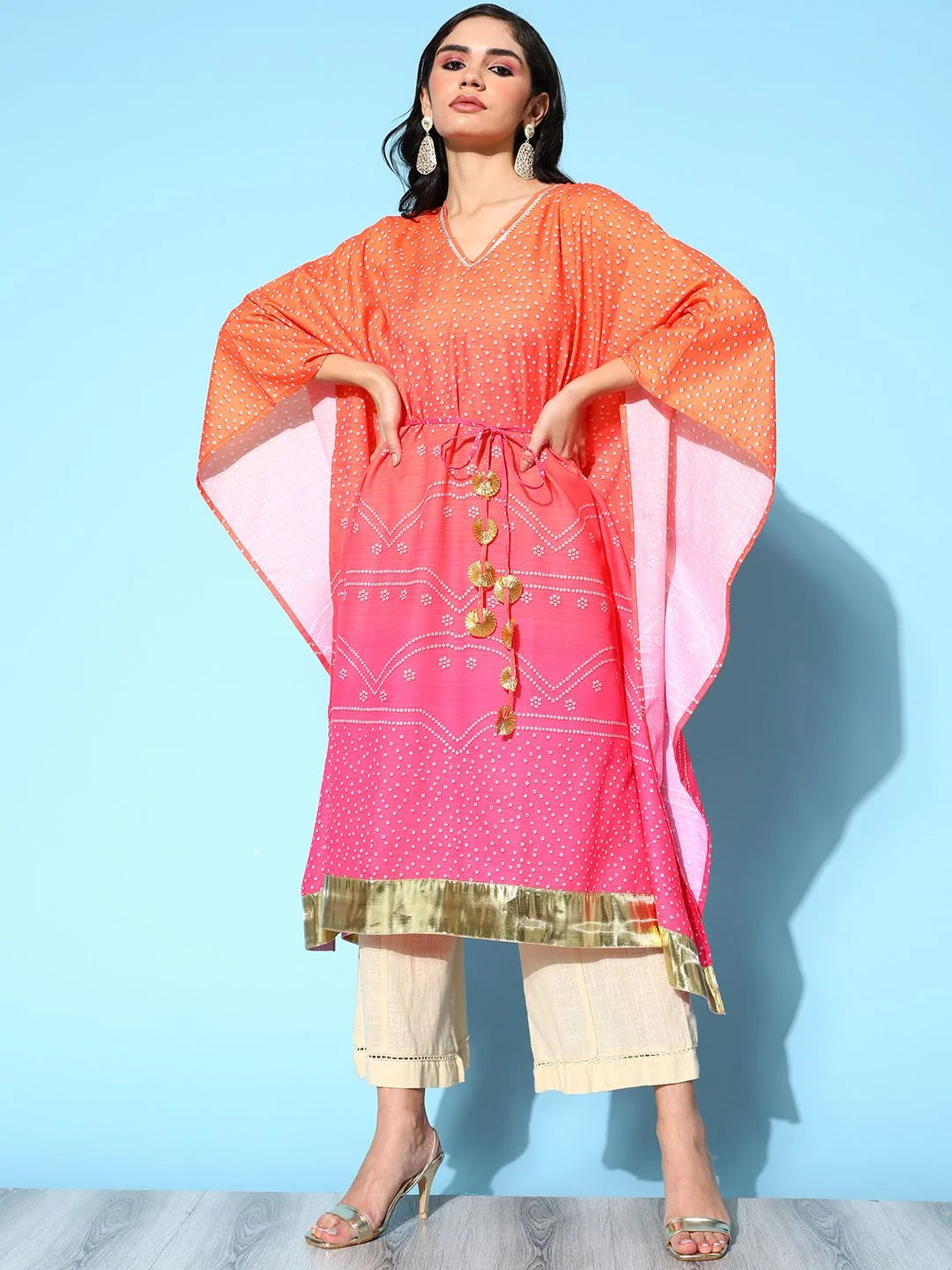 Orange Bandhani Printed Kaftans | Long Kaftan Dresses Online