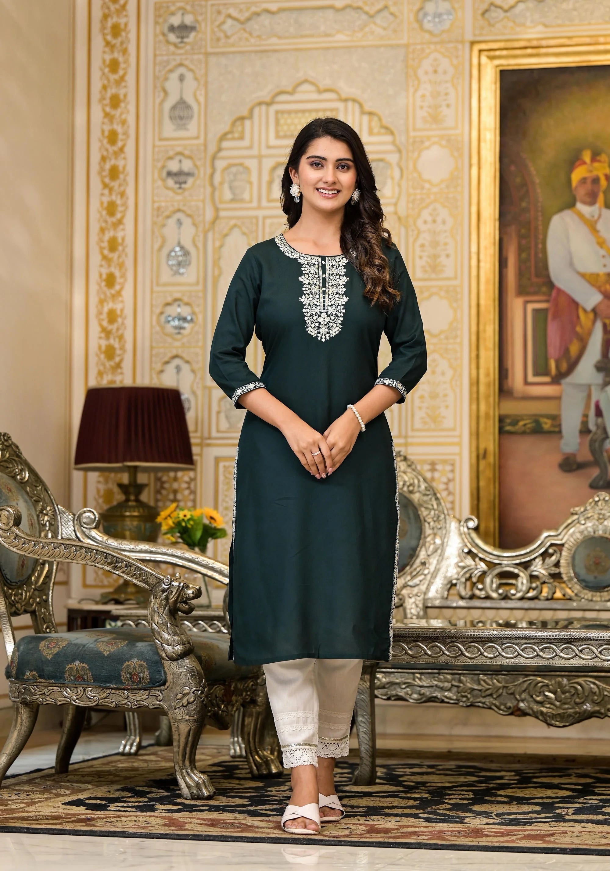 Green Embroidered Rayon Kurta | Indian Kurta for Women