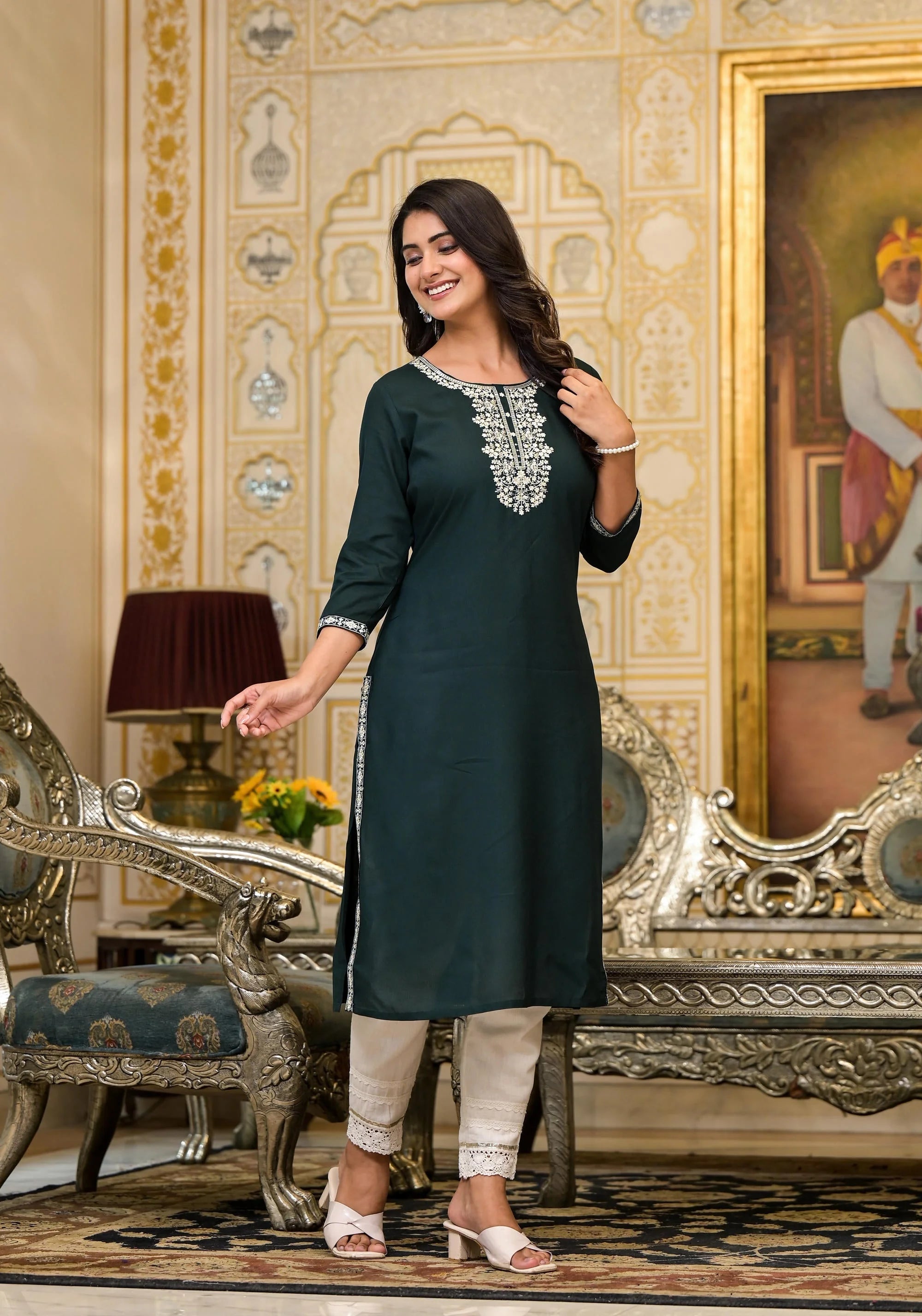 Green Embroidered Rayon Kurta | Indian Kurta for Women