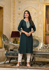 Green Thread Embroidered Rayon Kurta-J11101OT7GREEN