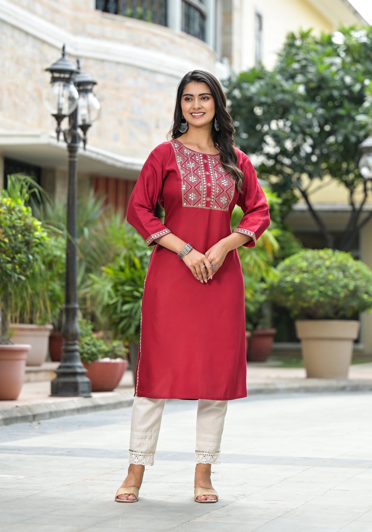 Maroon Solid Rayon Kurti With Mirror Work & Sequins-J11103OT7MAROON