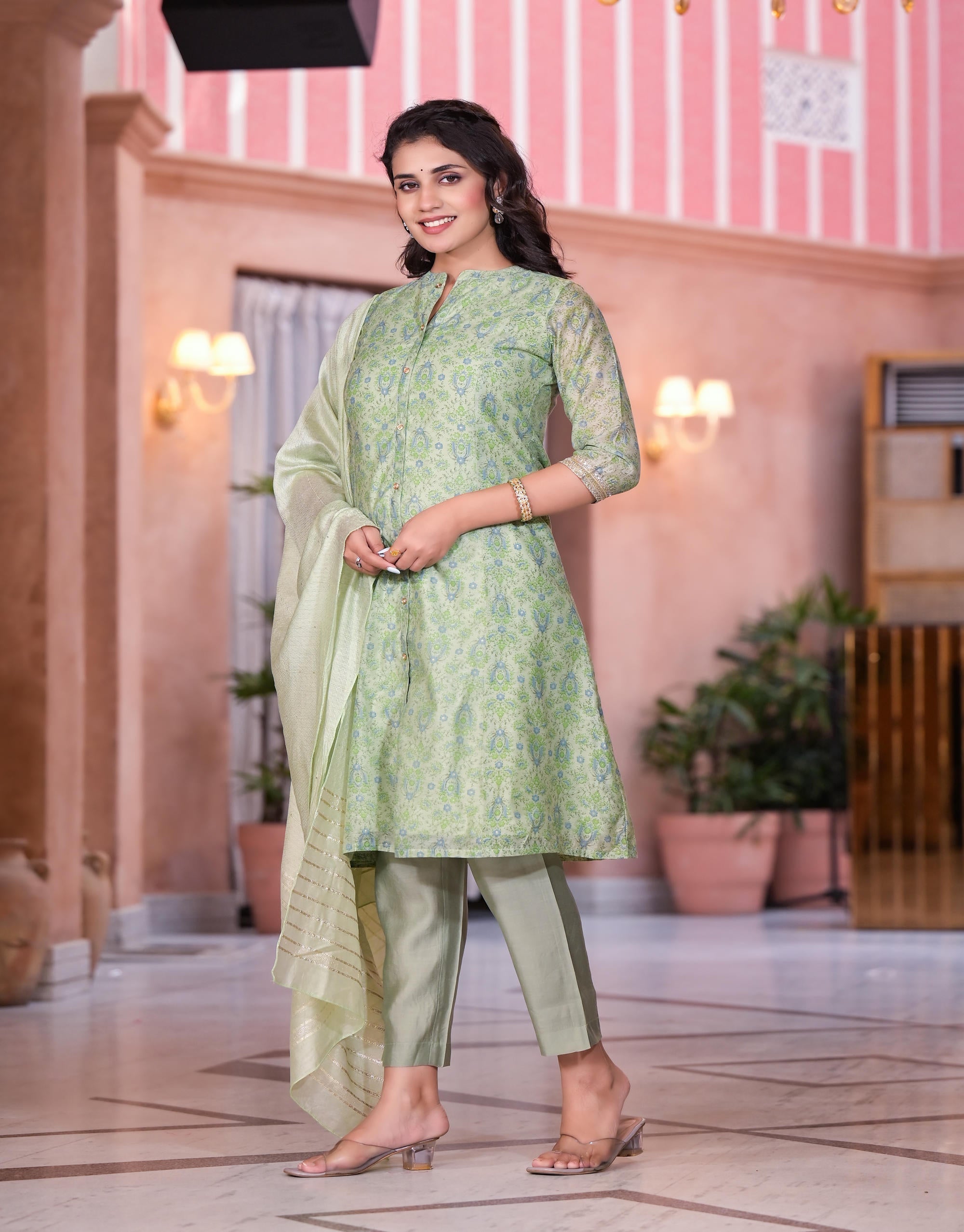 Green Floral Printed Chanderi Kurta Set With Buttons & Sequins | DesiQ