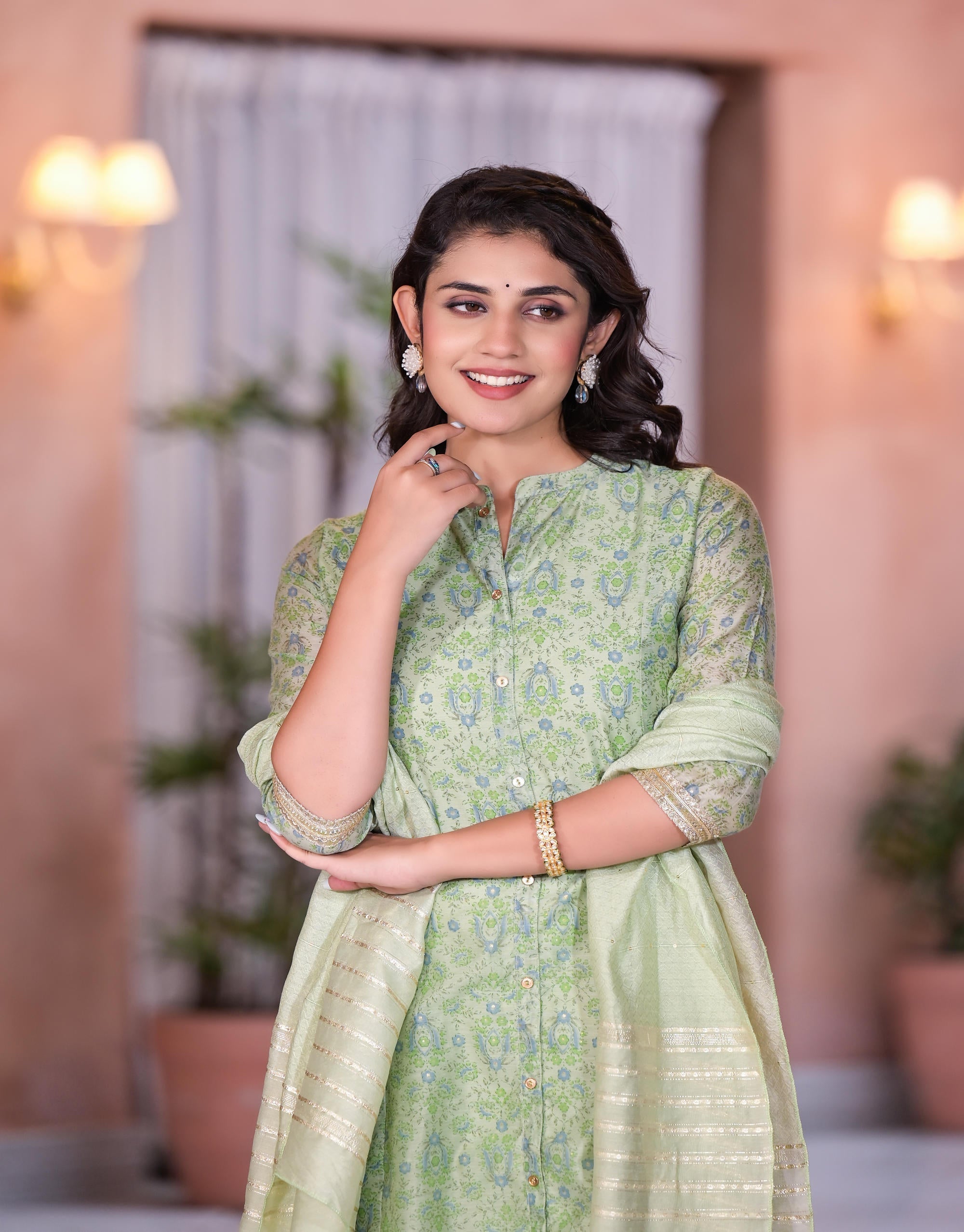 Green Floral Printed Chanderi Kurta Set With Buttons & Sequins | DesiQ