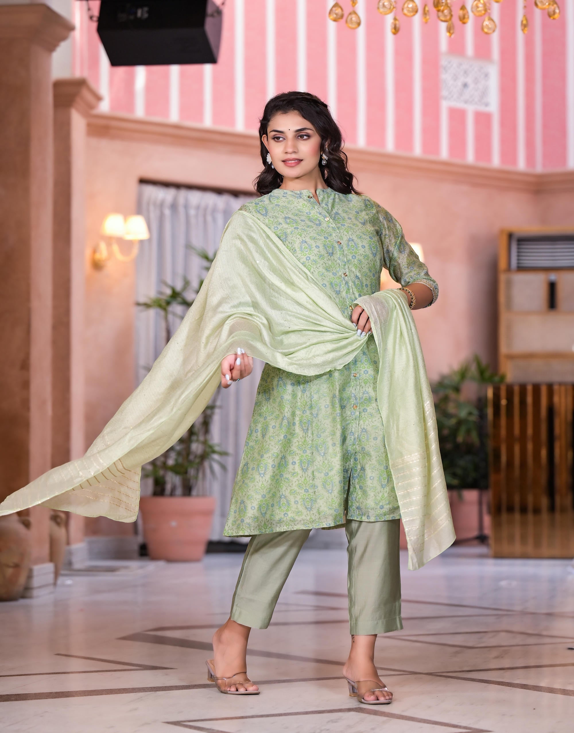 Green Floral Printed Chanderi Kurta Set With Buttons & Sequins | DesiQ