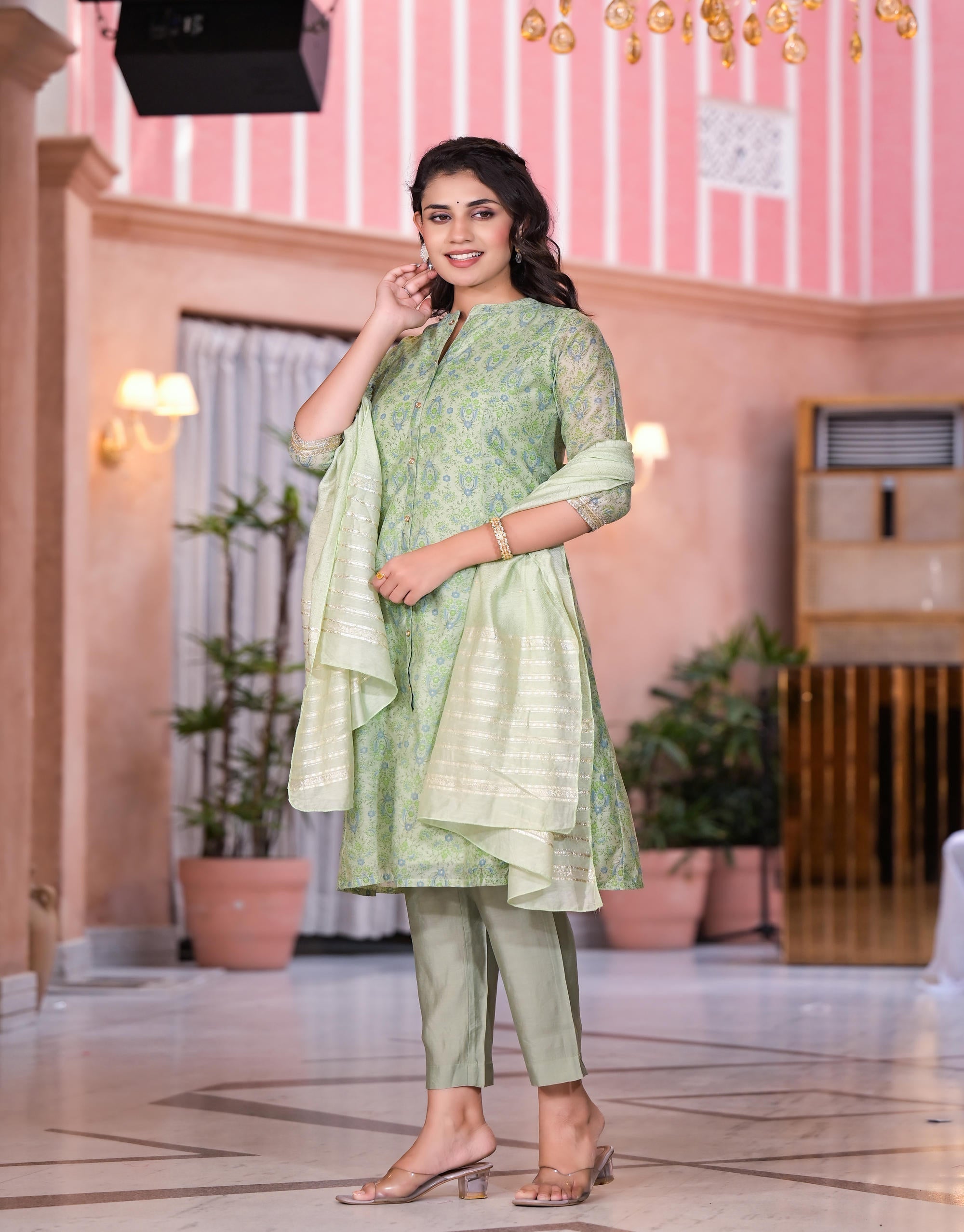 Green Floral Printed Chanderi Kurta Set With Buttons & Sequins | DesiQ