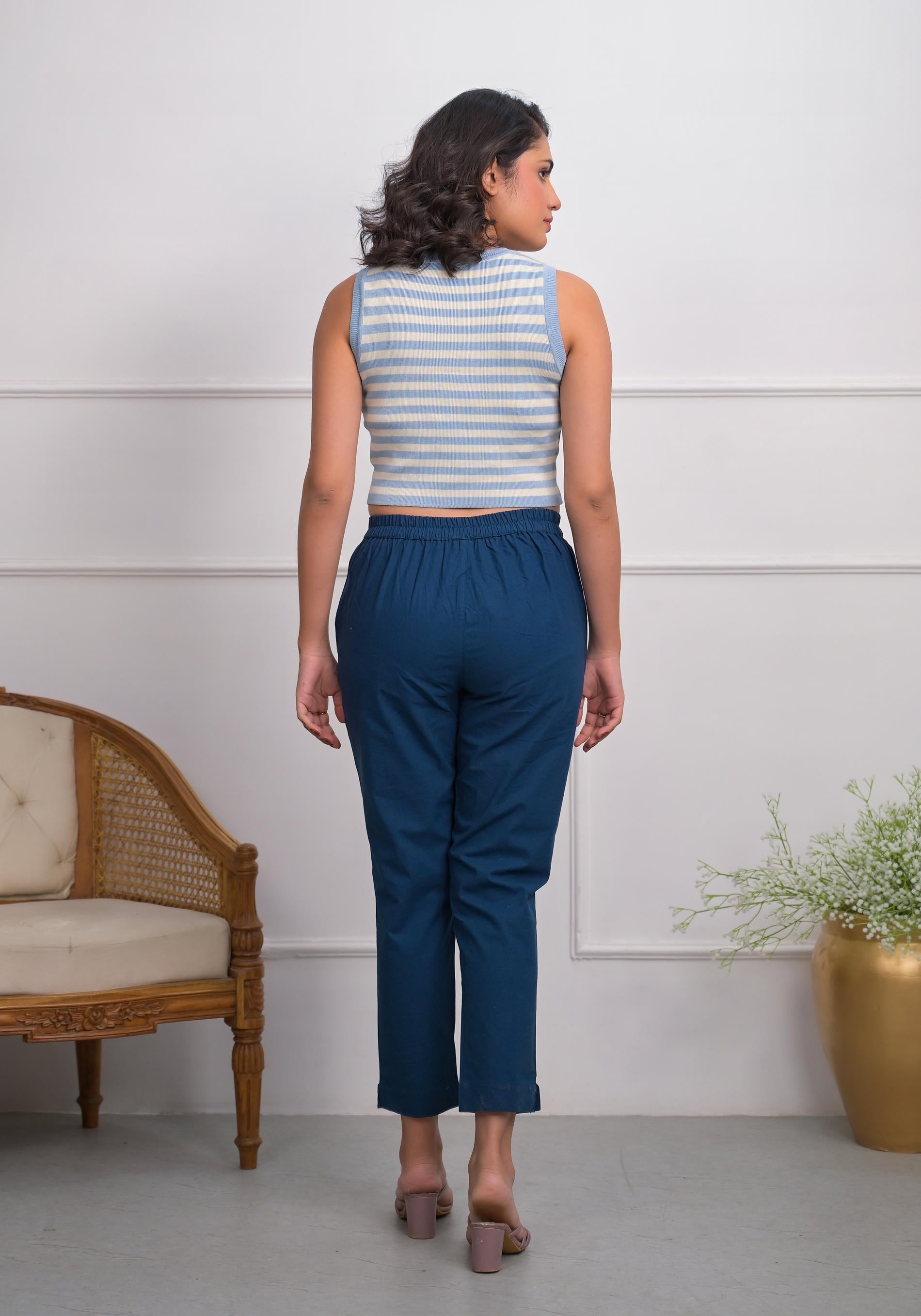 Blue Solid Cotton Pants With Partially Elasticated Waistband And Two S