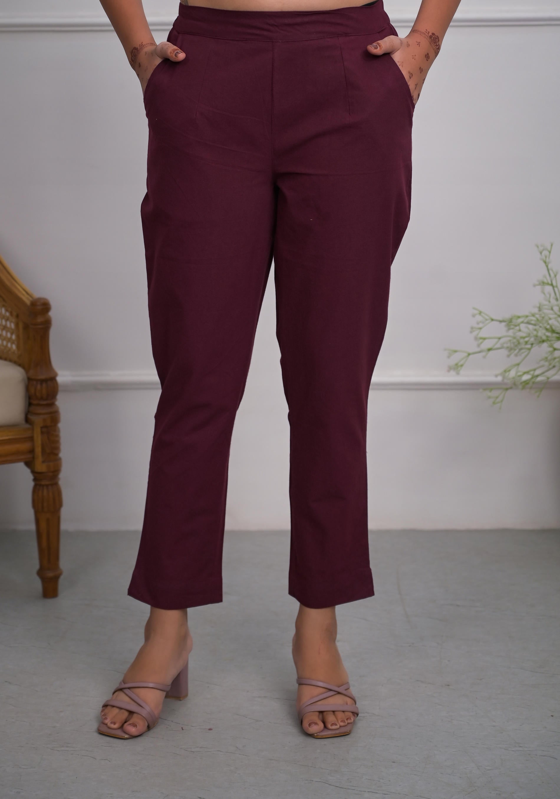 Burgundy Solid Cotton Pants With Partially Elasticated Waistband And T