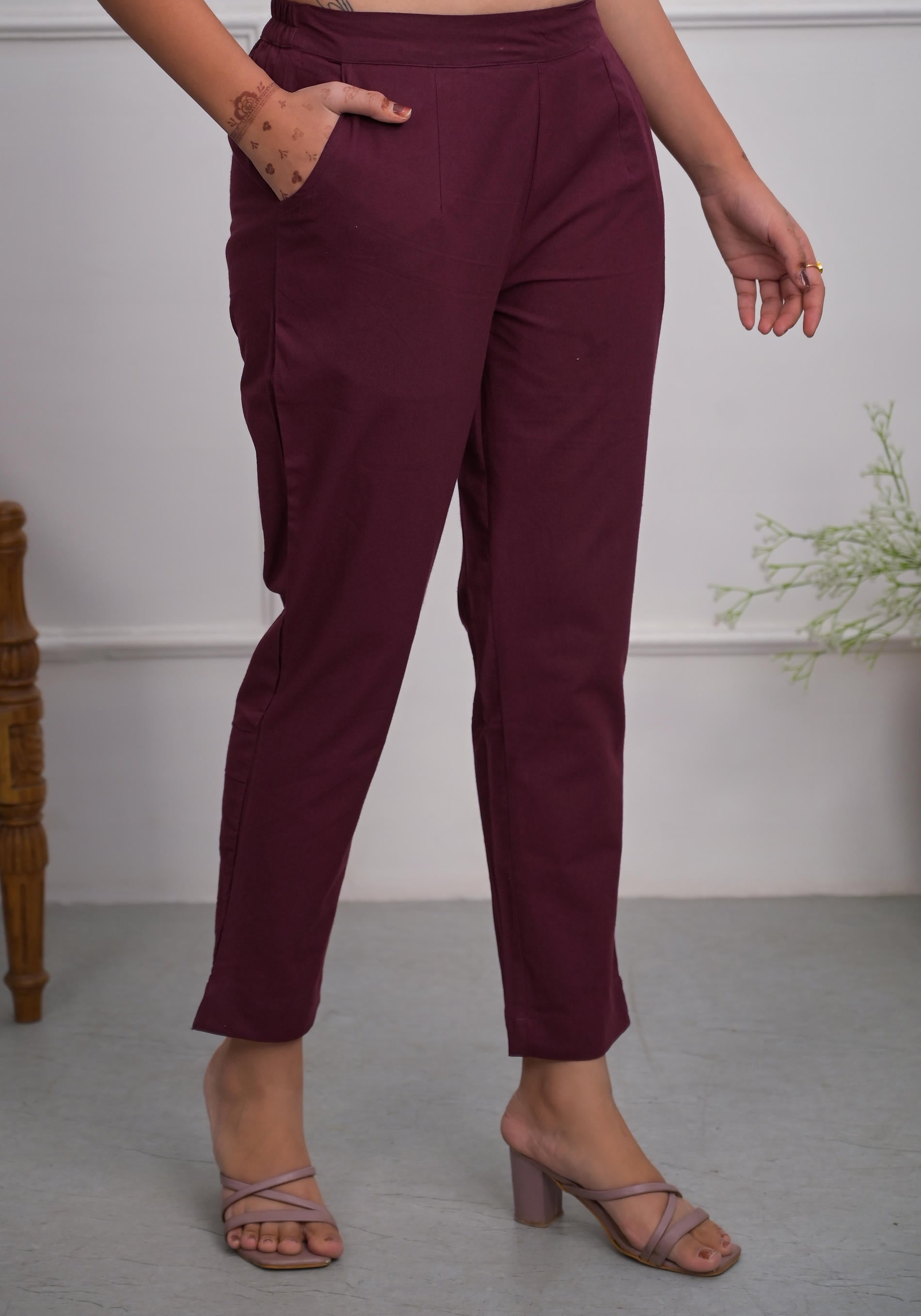 Burgundy Solid Cotton Pants With Partially Elasticated Waistband And T