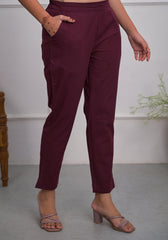 Burgundy Solid Cotton Pants With Partially Elasticated Waistband And Two Side Pockets