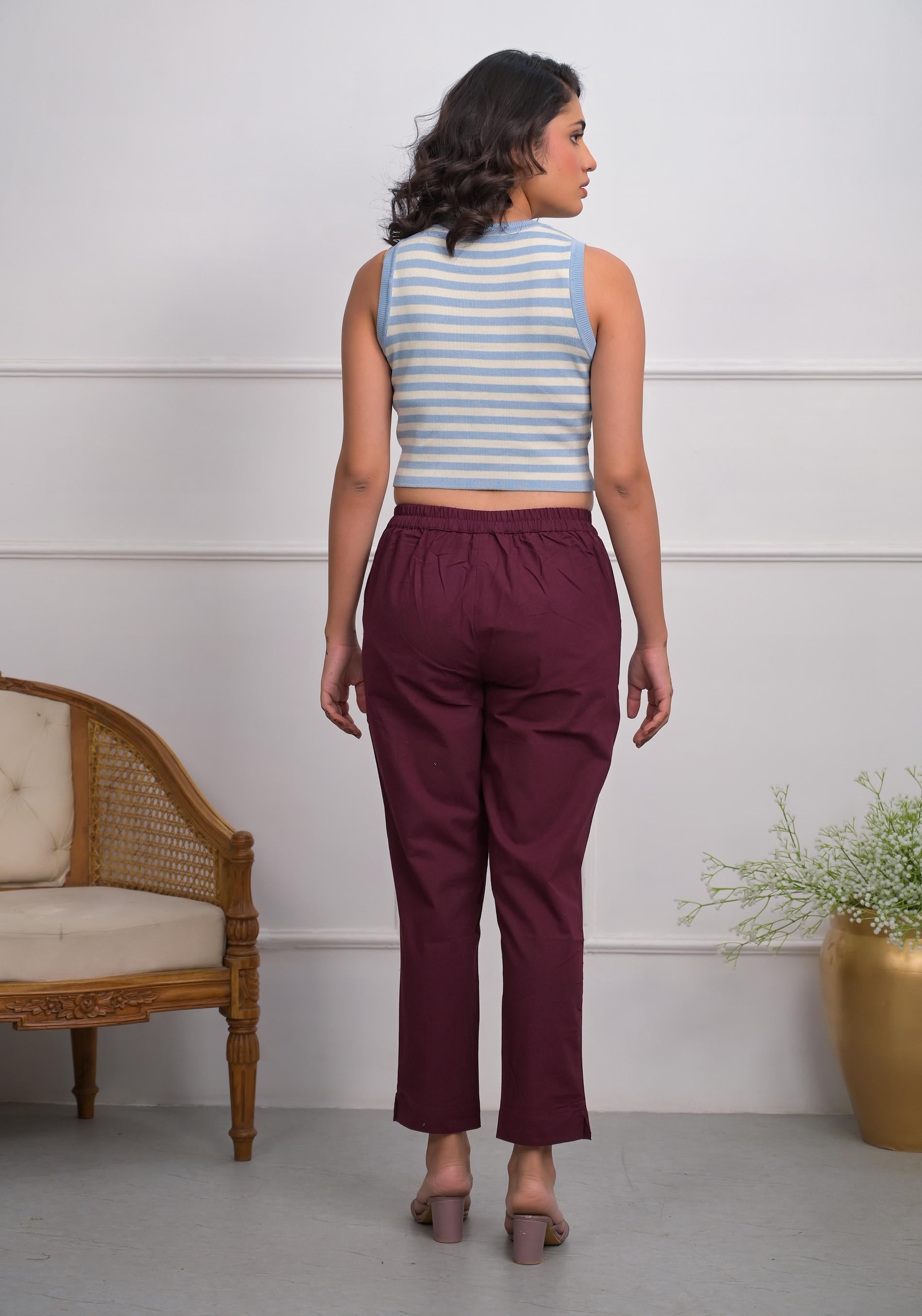 Burgundy Solid Cotton Pants With Partially Elasticated Waistband And T
