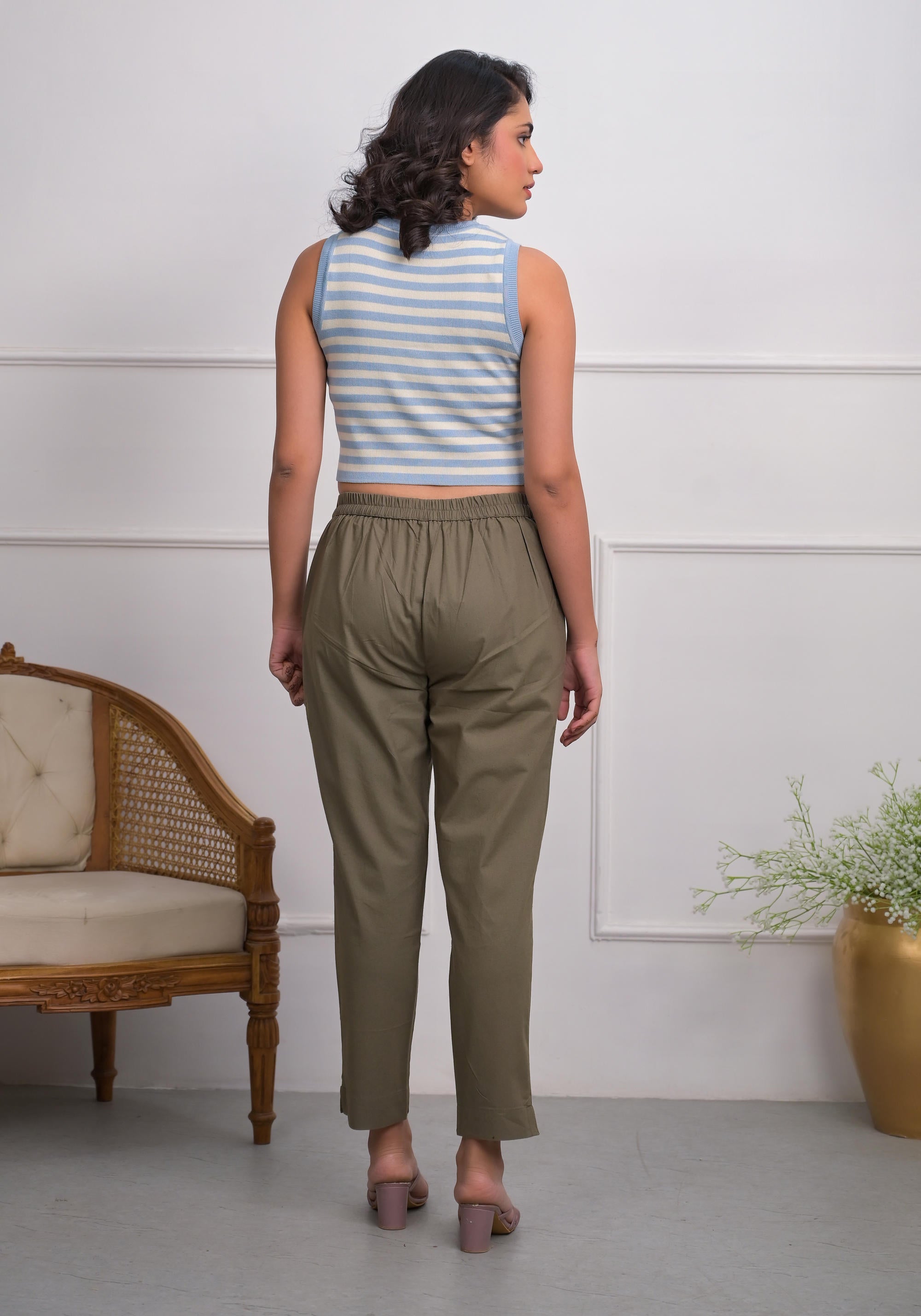 CHARCOAL Solid Cotton Pants With Partially Elasticated Waistband And T