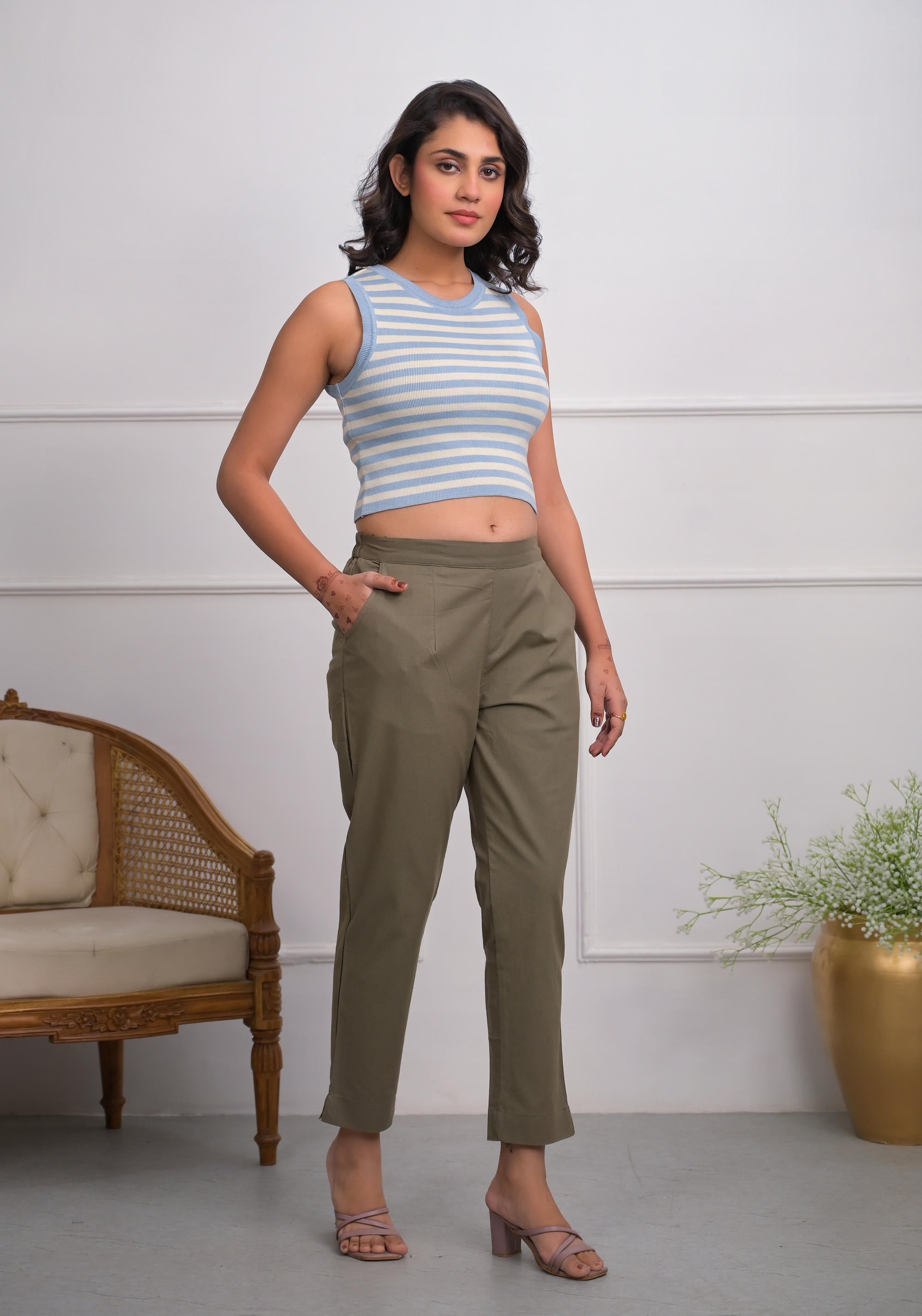 CHARCOAL Solid Cotton Pants With Partially Elasticated Waistband And T