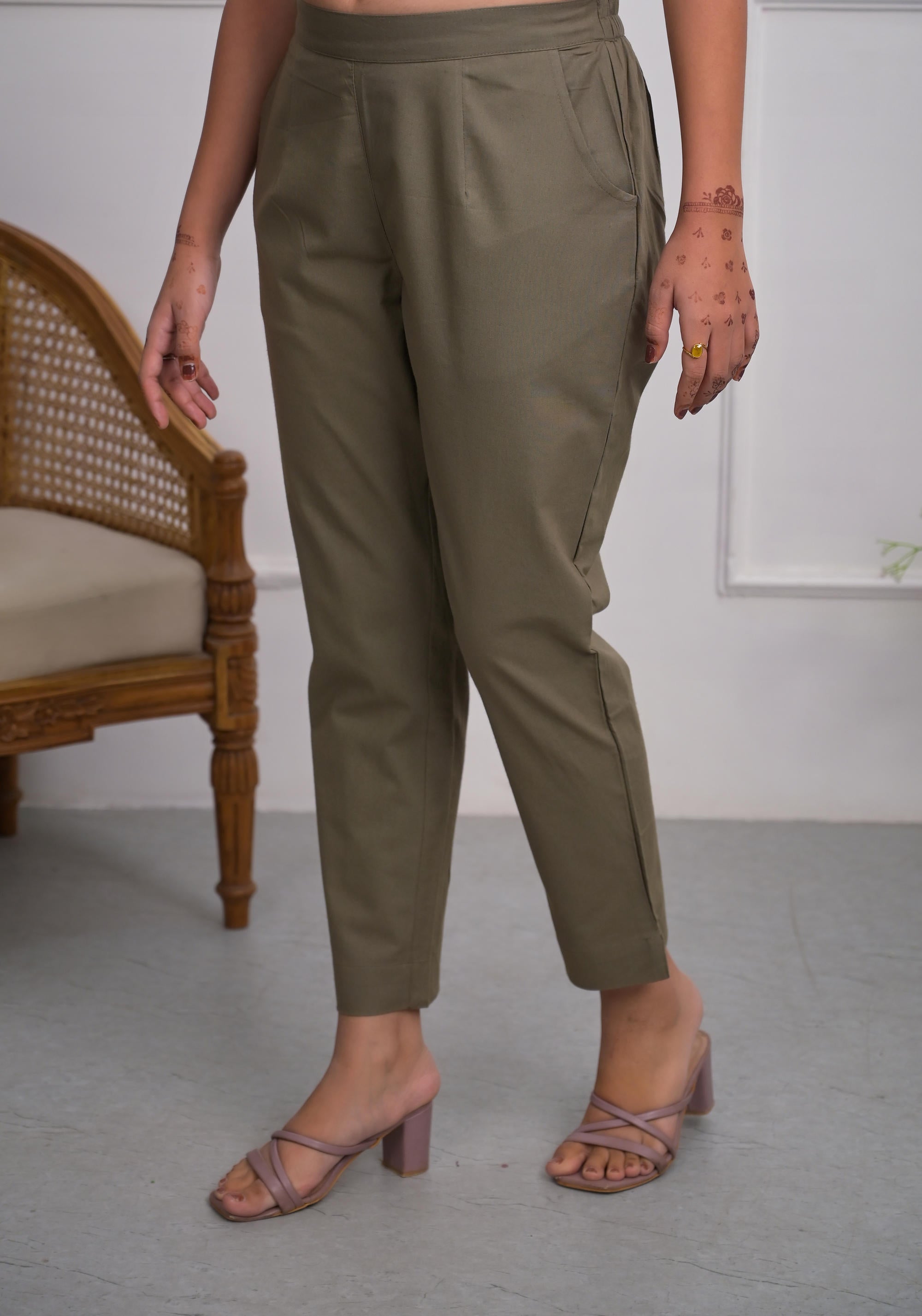 CHARCOAL Solid Cotton Pants With Partially Elasticated Waistband And T