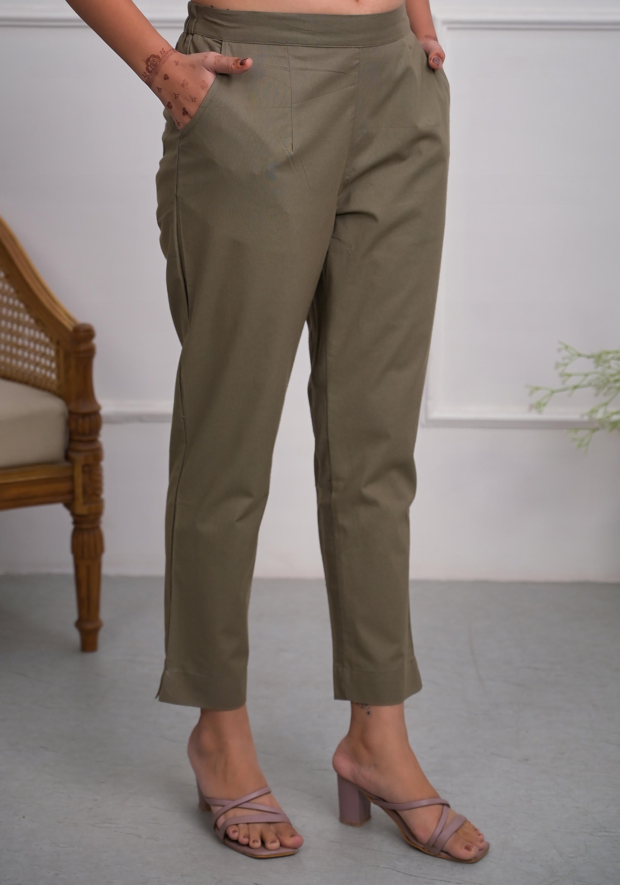 CHARCOAL Solid Cotton Pants With Partially Elasticated Waistband And T