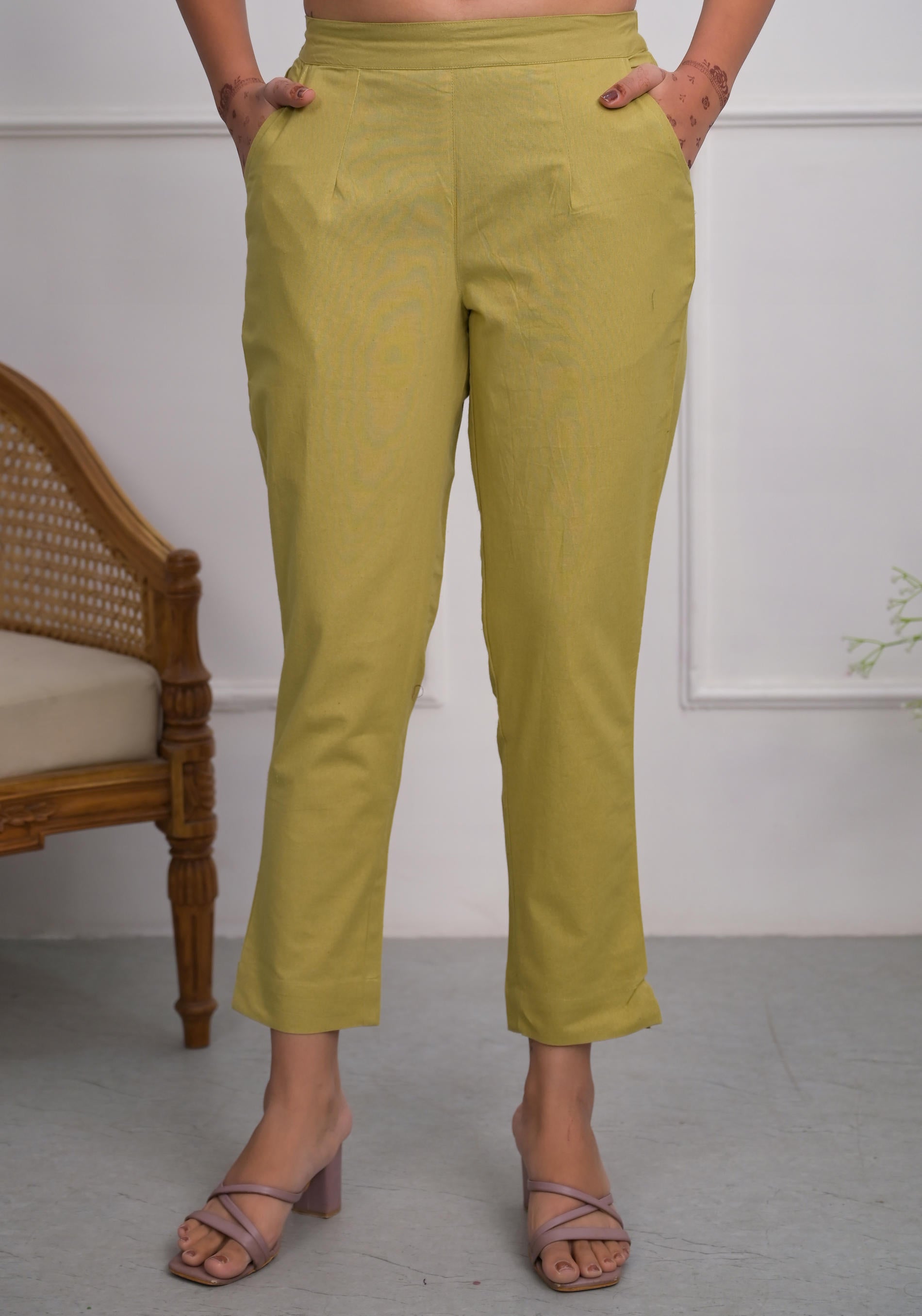 Khaki Solid Cotton Pants With Partially Elasticated Waistband And Two 