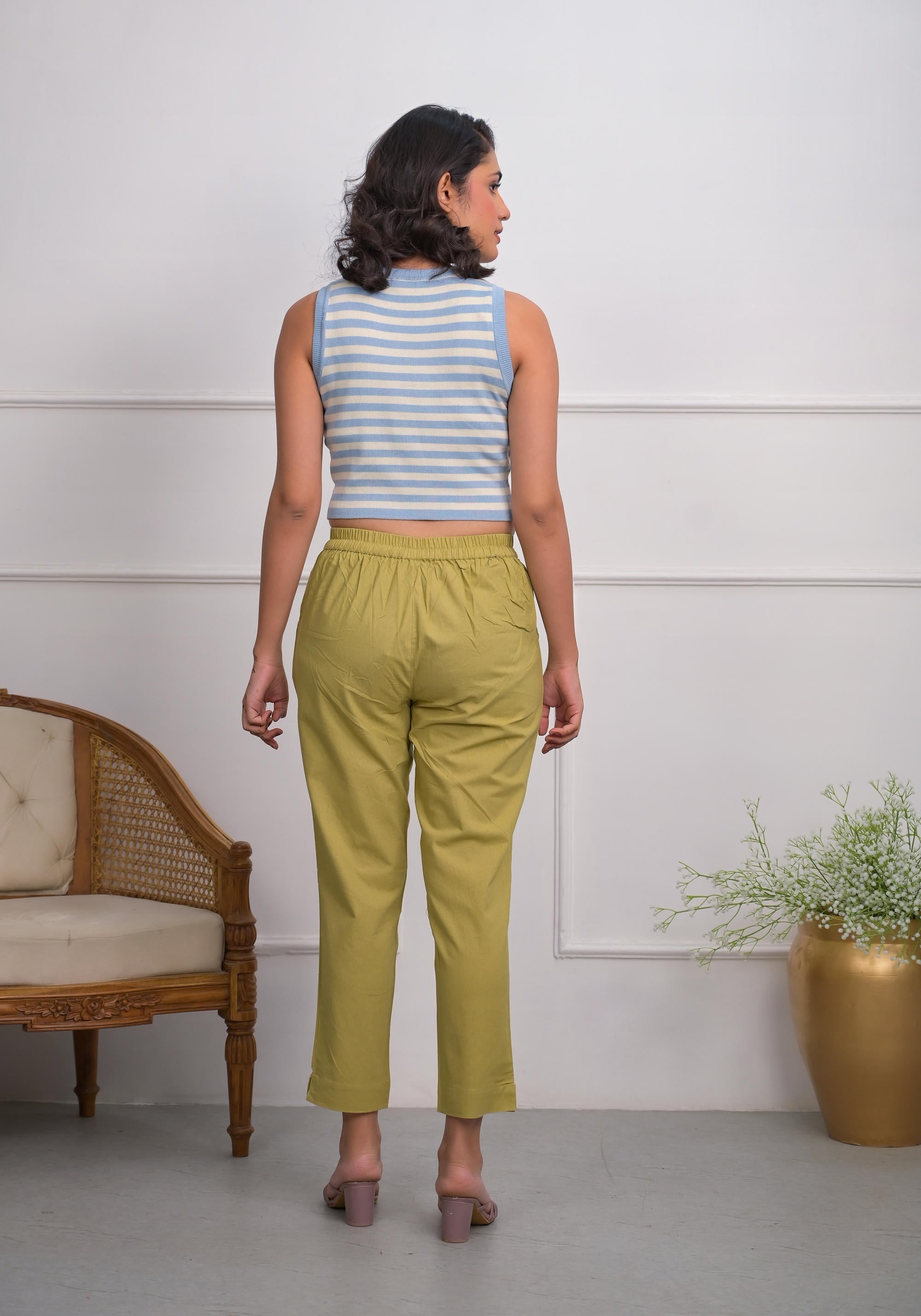 Khaki Solid Cotton Pants With Partially Elasticated Waistband And Two 