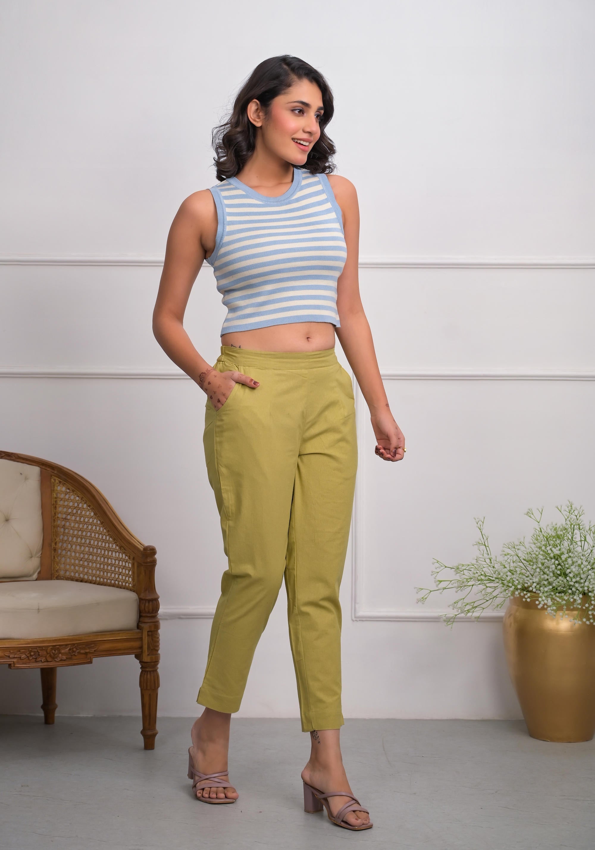 Khaki Solid Cotton Pants With Partially Elasticated Waistband And Two 