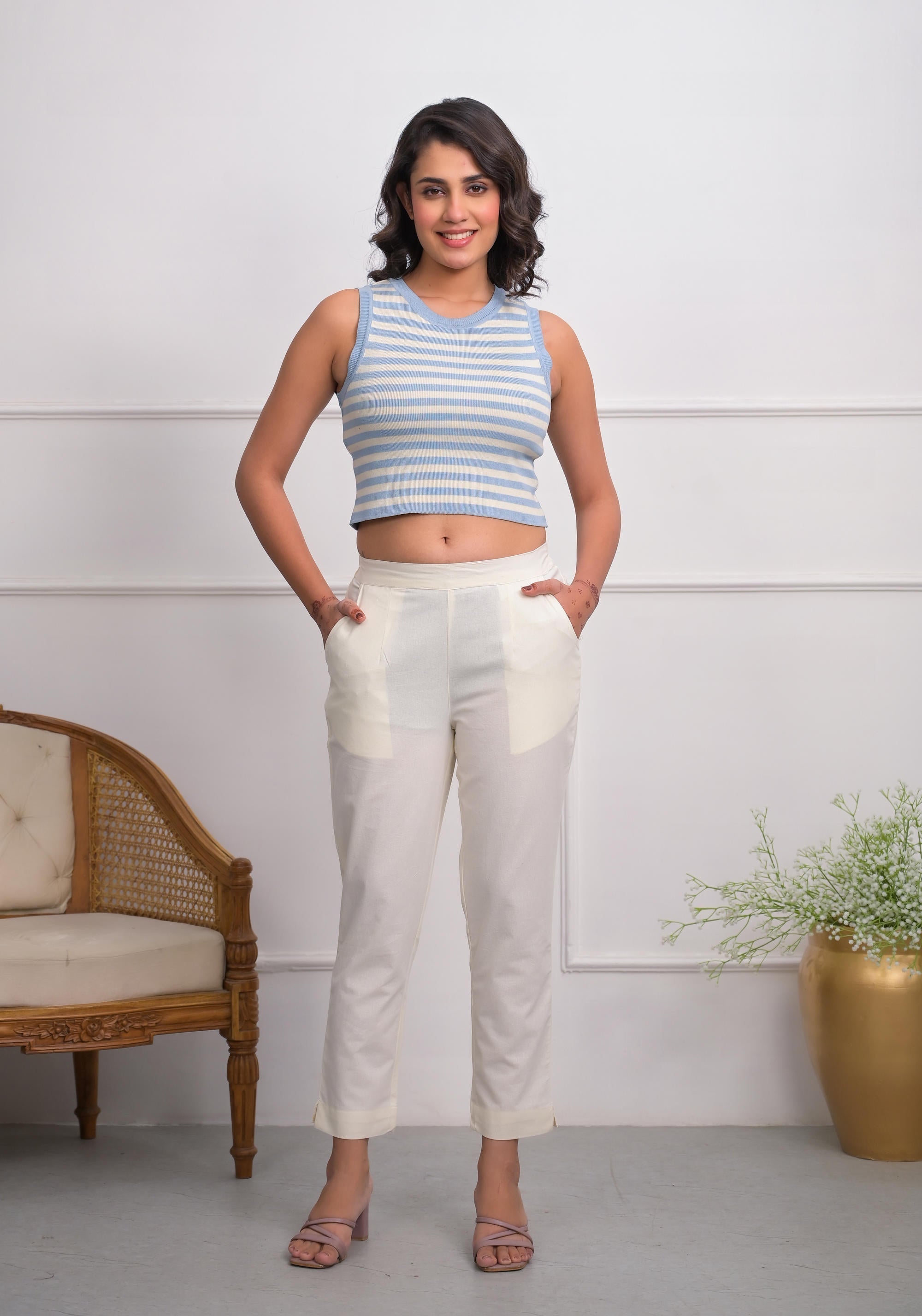 White Solid Cotton Pants With Partially Elasticated Waistband And Two 