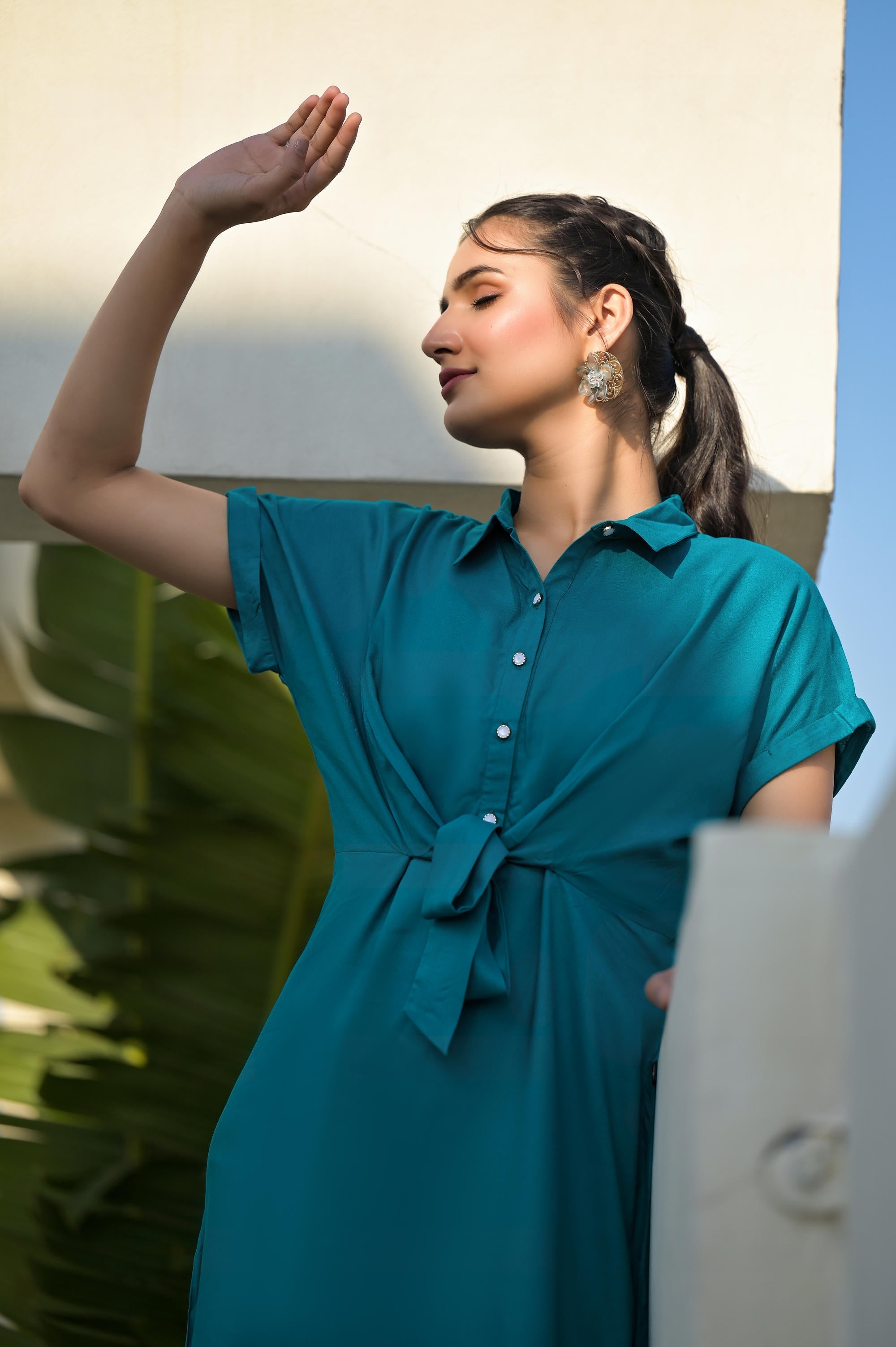 Teal Solid Rayon Staple A-Line Dress with Shirt Collar, Knee-Length | 