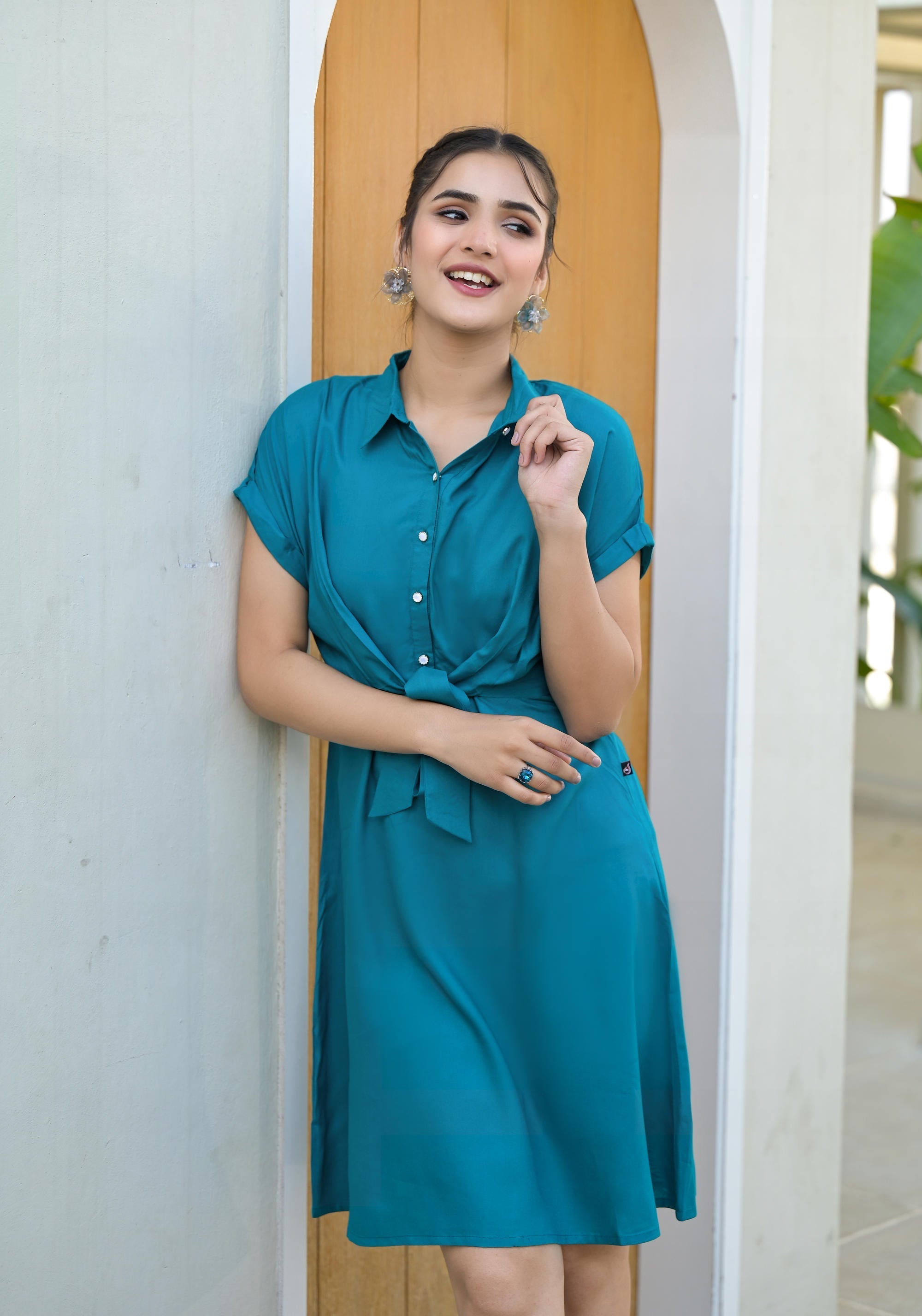 Teal Solid Rayon Staple A-Line Dress with Shirt Collar, Knee-Length | 