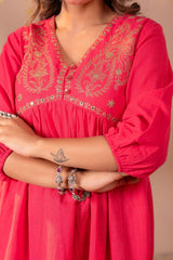 Fuchsia Embroidered Flared Kurti
