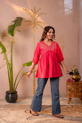 Fuchsia Embroidered Flared Kurti