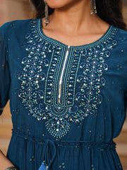 The Dholitaro Blue Ethnic Motif Printed Georgette Tiered Dress With Sequins & Doris At Waist-J4620BLUE